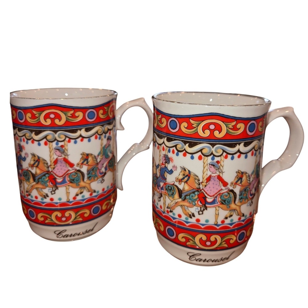 Sadler Edwardian Entertainments Carousel Fine Bone China Mugs England Set of 2‎
